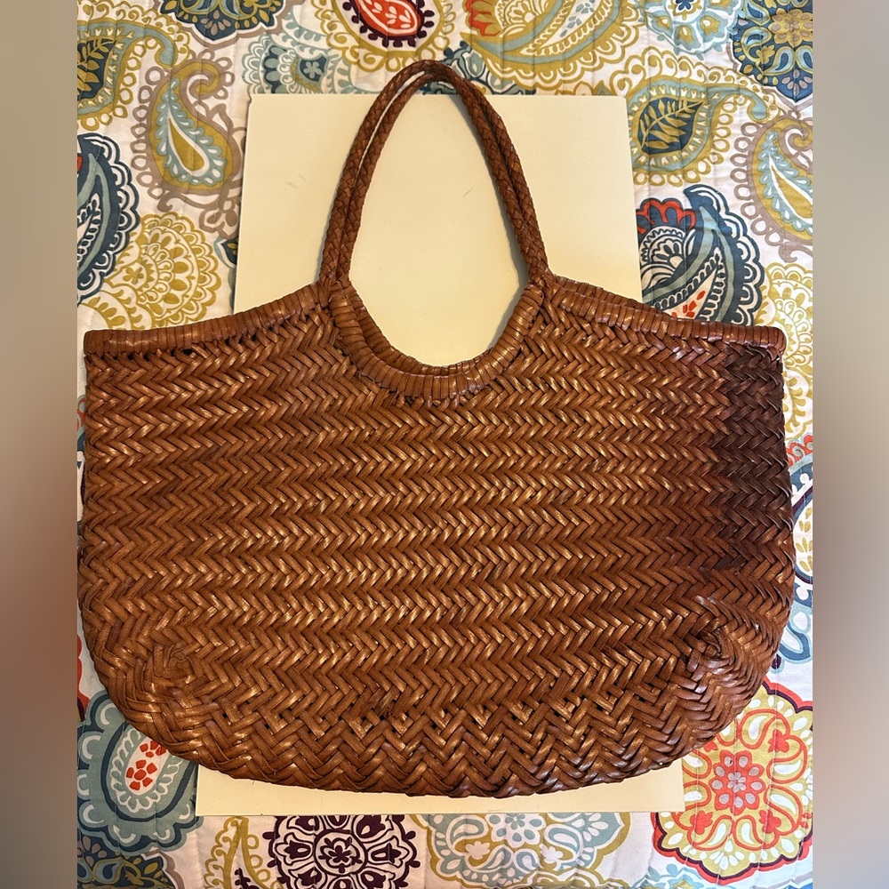Large Woven Straw Tote Bag - Brown Leather
